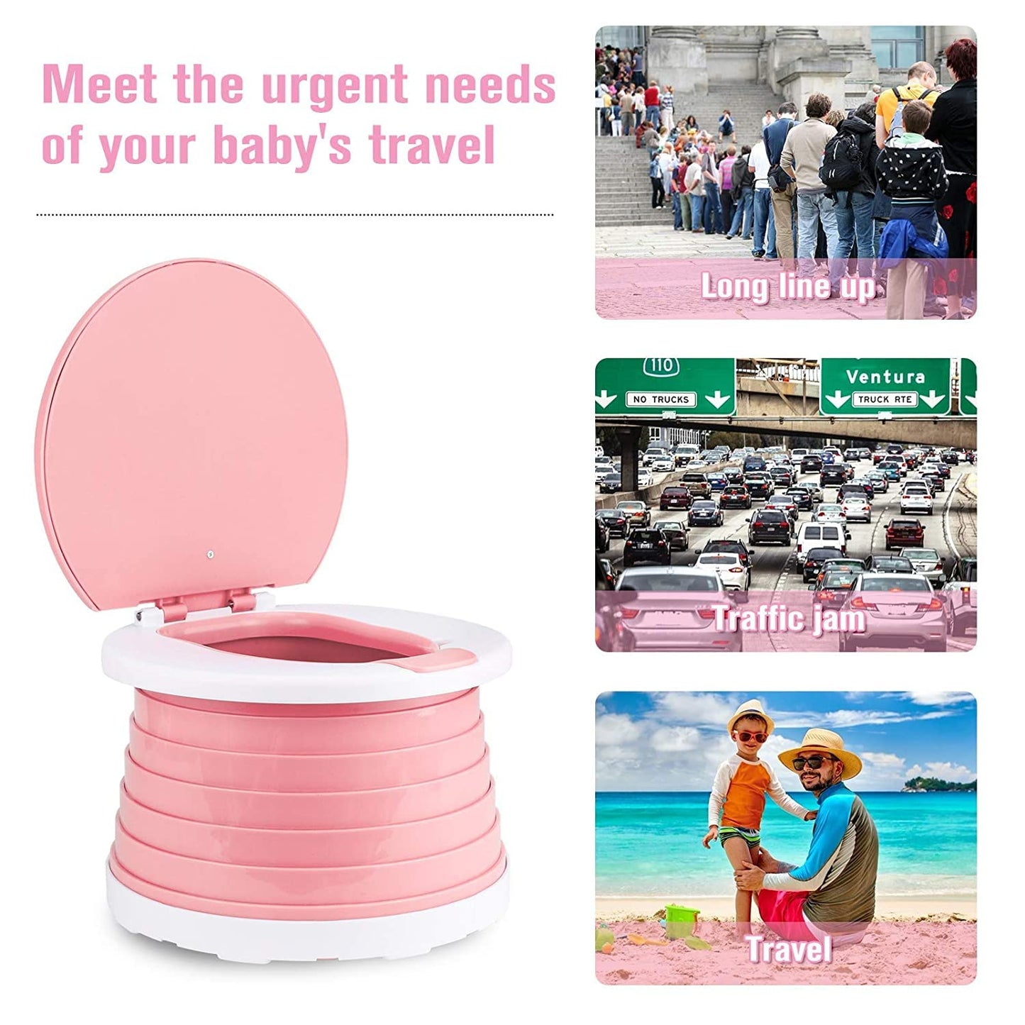 Orinal Portátil Orinal De Viaje Rosa con Asiento Plegable para Niñas y 75 Bolsas de Limpieza