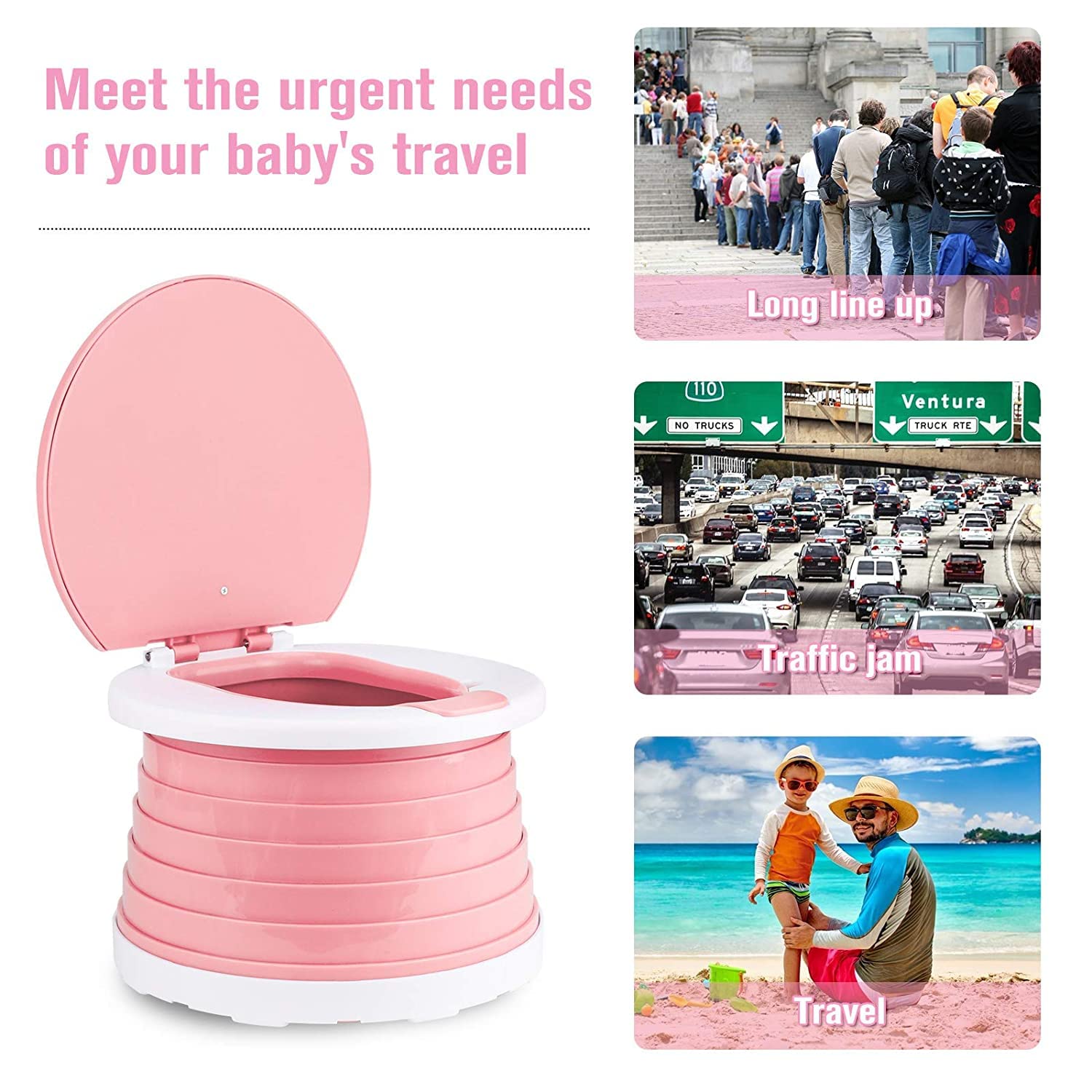 Orinal Portátil Orinal De Viaje Rosa con Asiento Plegable para Niñas y 75 Bolsas de Limpieza