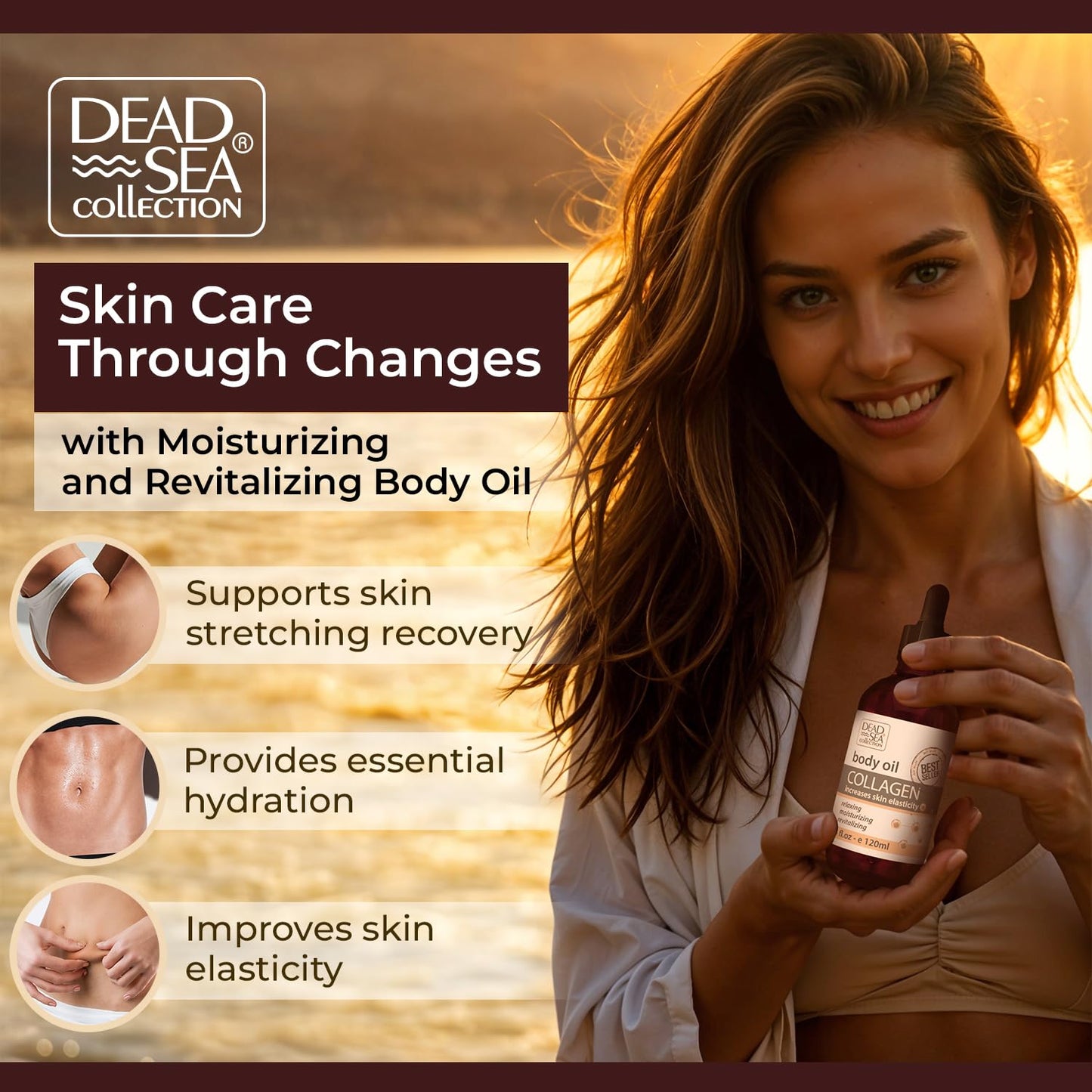 Dead Sea Collection Aceite corporal con colágeno – Hidratante para piel seca y aceite de masaje hidratante – Aceite de baño nutritivo – Aumenta la elasticidad de la piel y proporciona apoyo antienvejecimiento (4 fl.oz)