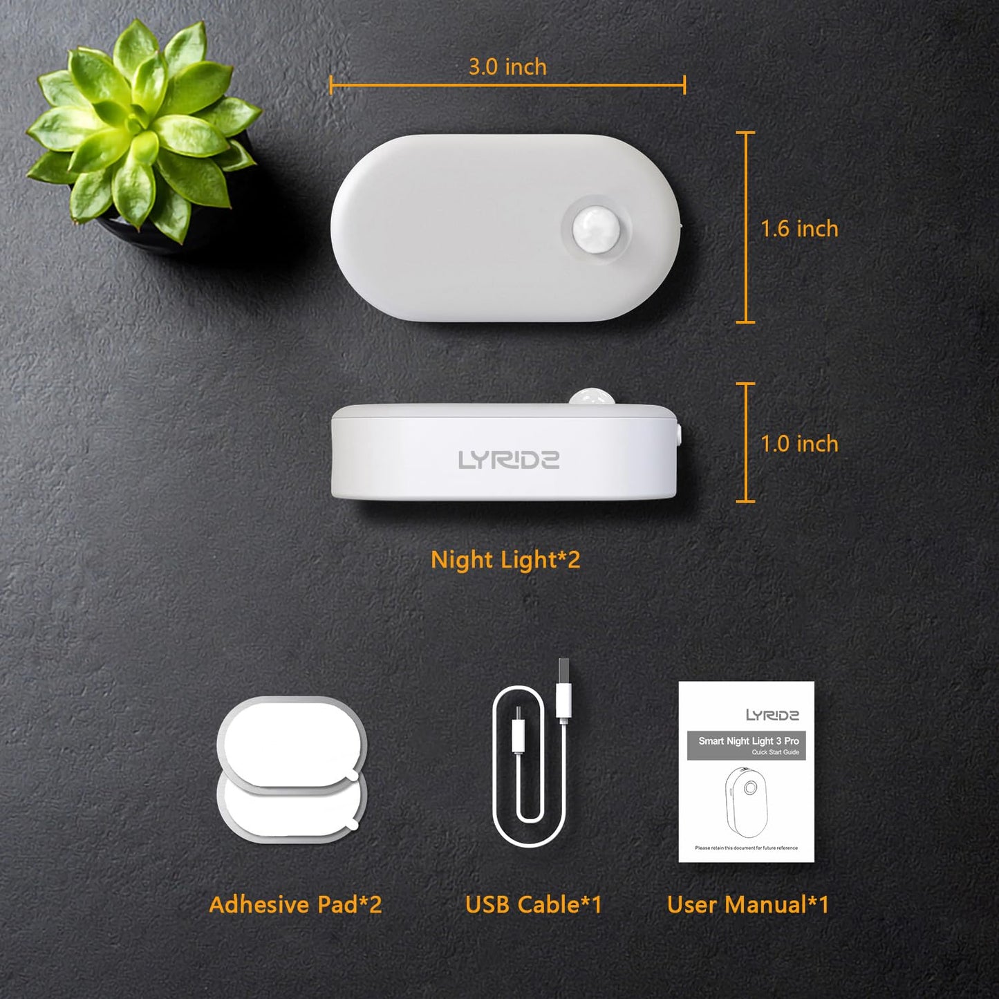 Lyridz - Luz nocturna recargable con sensor de movimiento, mini luz LED blanca cálida para clóset, brillo ajustable para baño, recámara, cocina, clóset, escaleras, pasillo, paquete de 2