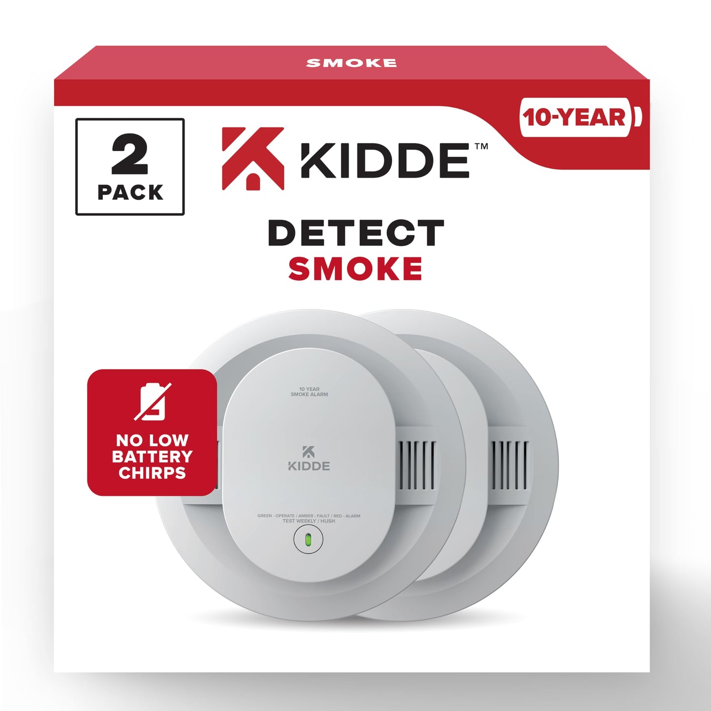 Kidde Detector de humo, alimentado por batería de 10 años, indicadores de luz LED de advertencia, paquete de 2