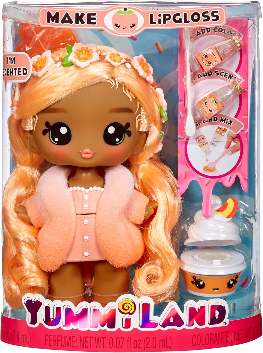 Muñeca Grande Yummiland Piper Peach Swirlyboo perfumada con Kit DIY de Brillo Labial para Niños