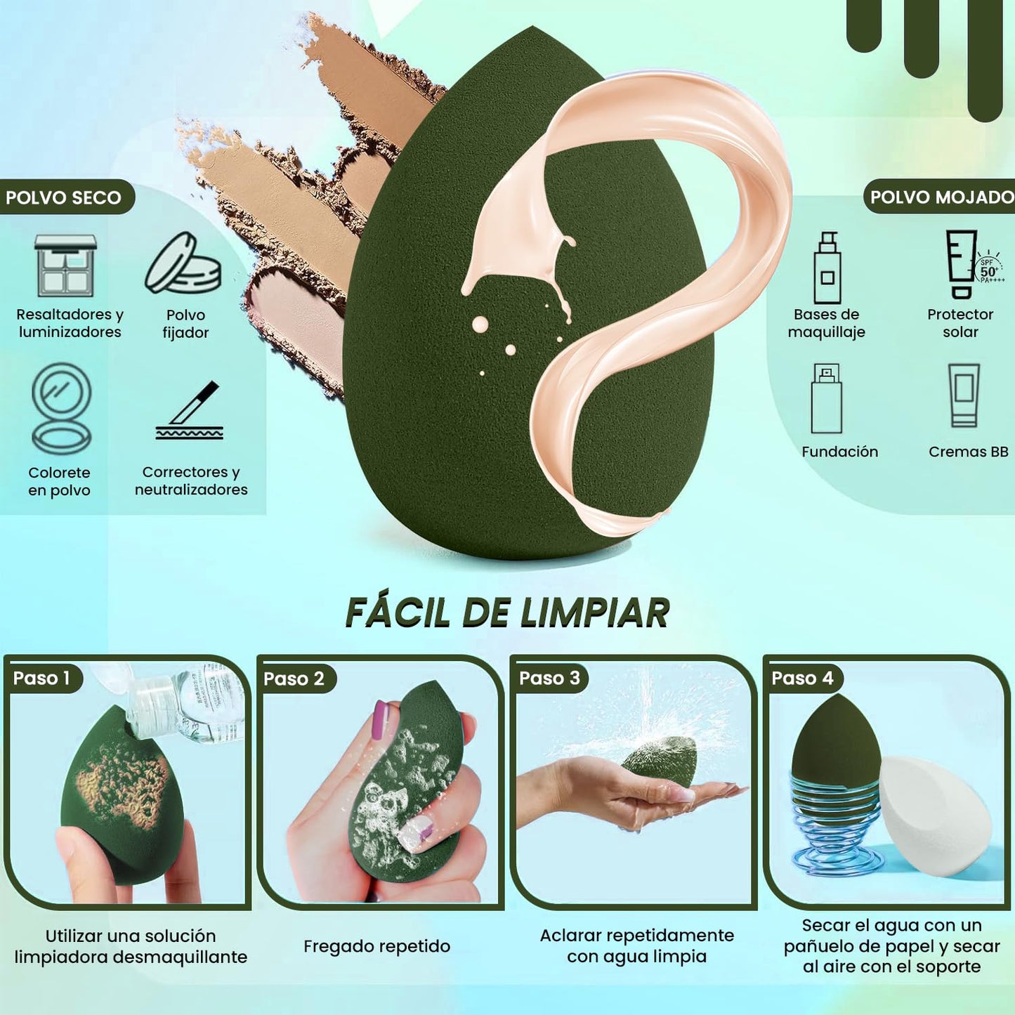 Set de 8 esponjas de maquillaje en 3 formas | Beauty Blender para aplicación en piel seca y húmeda | Esponjas faciales de maquillaje en color verde | Kit profesional para maquillaje completo