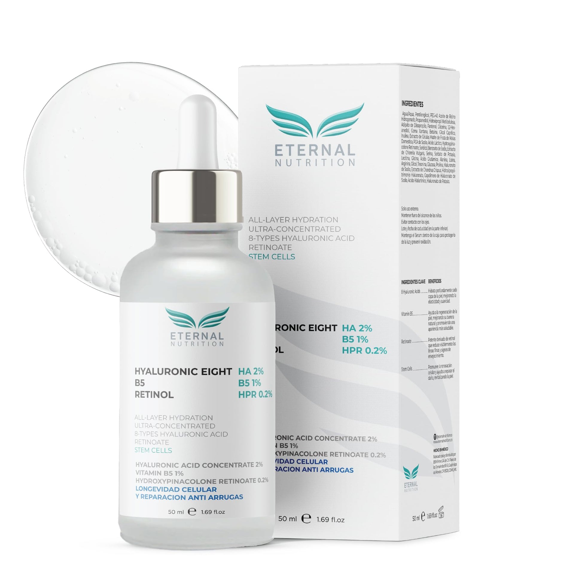 Serum HYALURONIC EIGHT 2%, Vitamin B5 1%, Retinol 0.2%. 50 ml. Suero Ultra Hidratante Antiarrugas | Ingredientes Naturales | Skin Care | Piel Sana y Joven Uniforme | Textura Ligera | Para Todo Tipo de Piel by ETERNAL NUTRITION