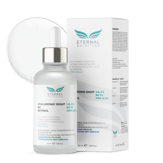 Serum HYALURONIC EIGHT 2%, Vitamin B5 1%, Retinol 0.2%. 50 ml. Suero Ultra Hidratante Antiarrugas | Ingredientes Naturales | Skin Care | Piel Sana y Joven Uniforme | Textura Ligera | Para Todo Tipo de Piel by ETERNAL NUTRITION