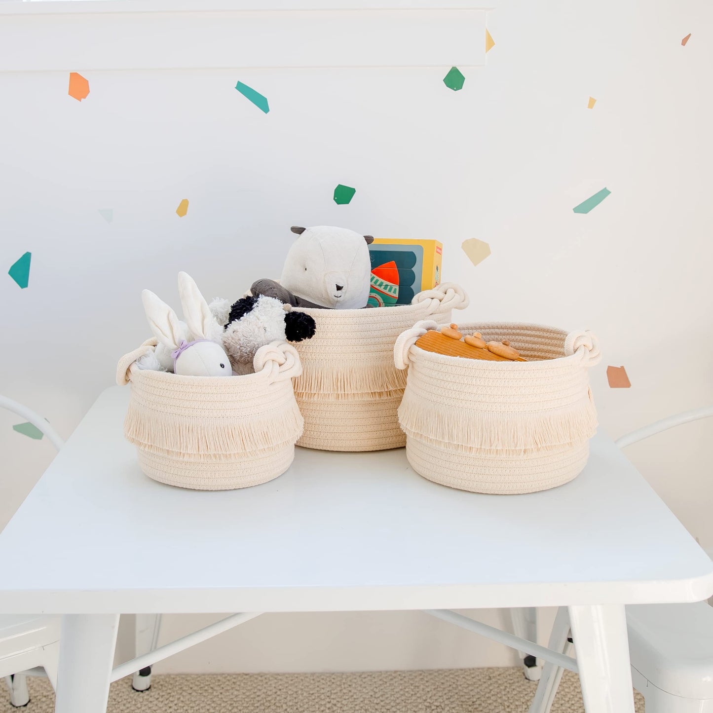 NaturalCozy - Juego de 3 cestas de almacenamiento bohemias para decoración – Canastas tejidas de cuerda de algodón para organizar Artículos pequeños para bebés, ducha, cesta de regalo, maceta de