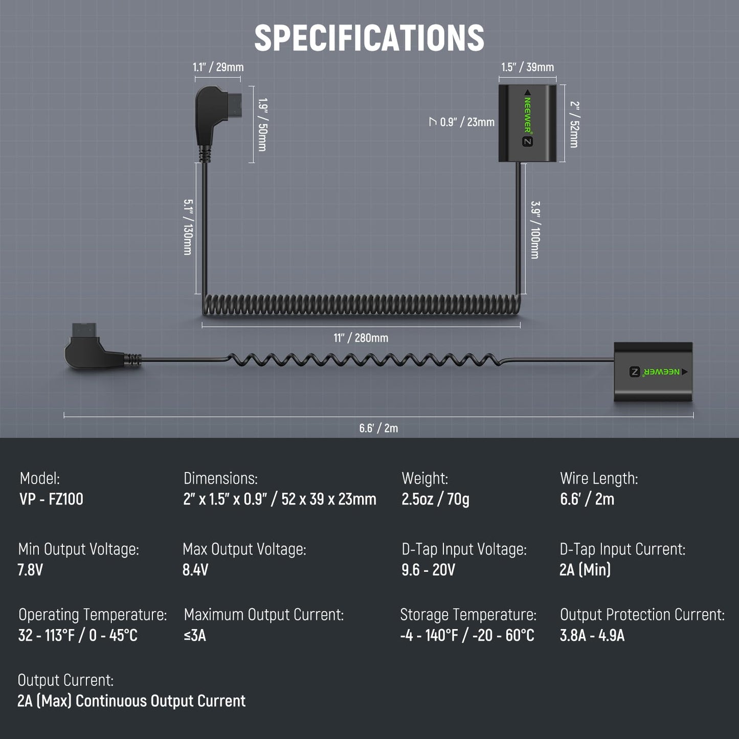 NEEWER D Tap to NP-FZ100 Batería Simulada con Cable para V Mount Batería, Fuente de Alimentación Estable para Sony ZV-E1 A1 A7 III A7 IV A7C II R III IV V A7S III A9 II A6600 A6700 FX3 FX30, VP-FZ100