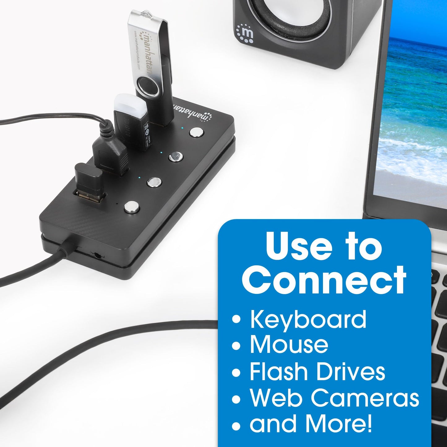 Manhattan Hub USB 180887 de 4 Puertos USB 3.2 con Interruptores de Encendido y Apagado por Puerto, SuperVelocidad de 5 Gbps, Cable Integrado de 1.5 m, Alimentación por Bus o CA, Negro