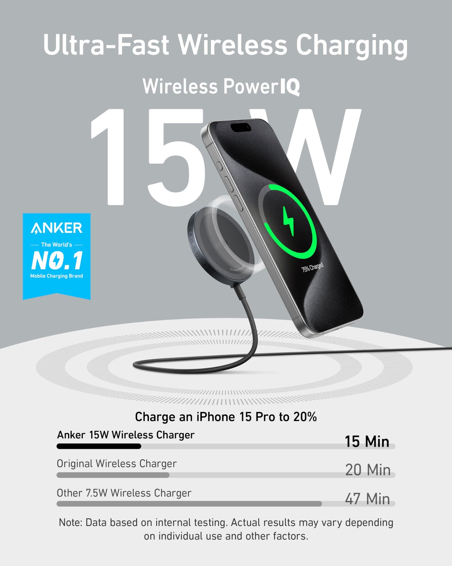 Anker MagGo Cargador Inalámbrico iphone,Base de Carga Inalámbrica y Magnética,Ultrarápida 15W Qi2 Certificado Compatible con MagSafe,para iPhone 15/15 Plus/15 Pro/15 Pro Max/14/13 Series (Sin Enchufe)