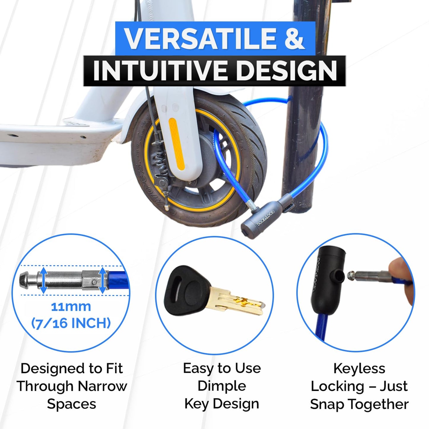 DocksLocks - Juego de bloqueo de cable para bicicleta con cerradura de llave, soporte de montaje, seguridad antirrobo portátil y compacto para bicicletas, scooters y más de 4 pies