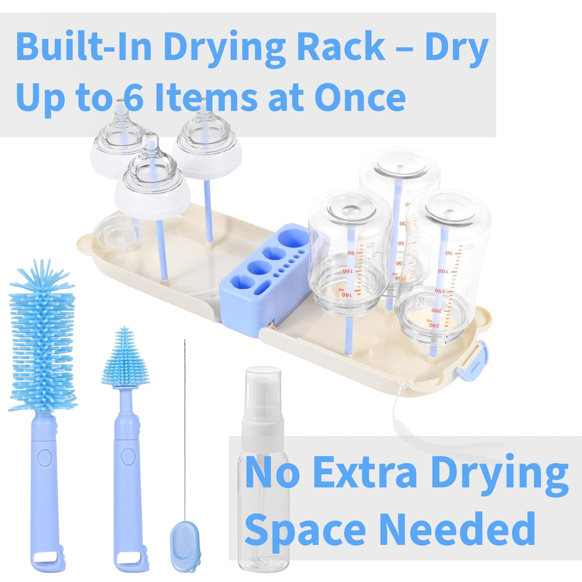 Kit de limpieza de botellas de viaje, 7 en 1, equipo de viaje para bebé, juego de cepillos de silicona para botellas de viaje, estante de secado de pezones, dispensador de jabón de limpieza, estuche