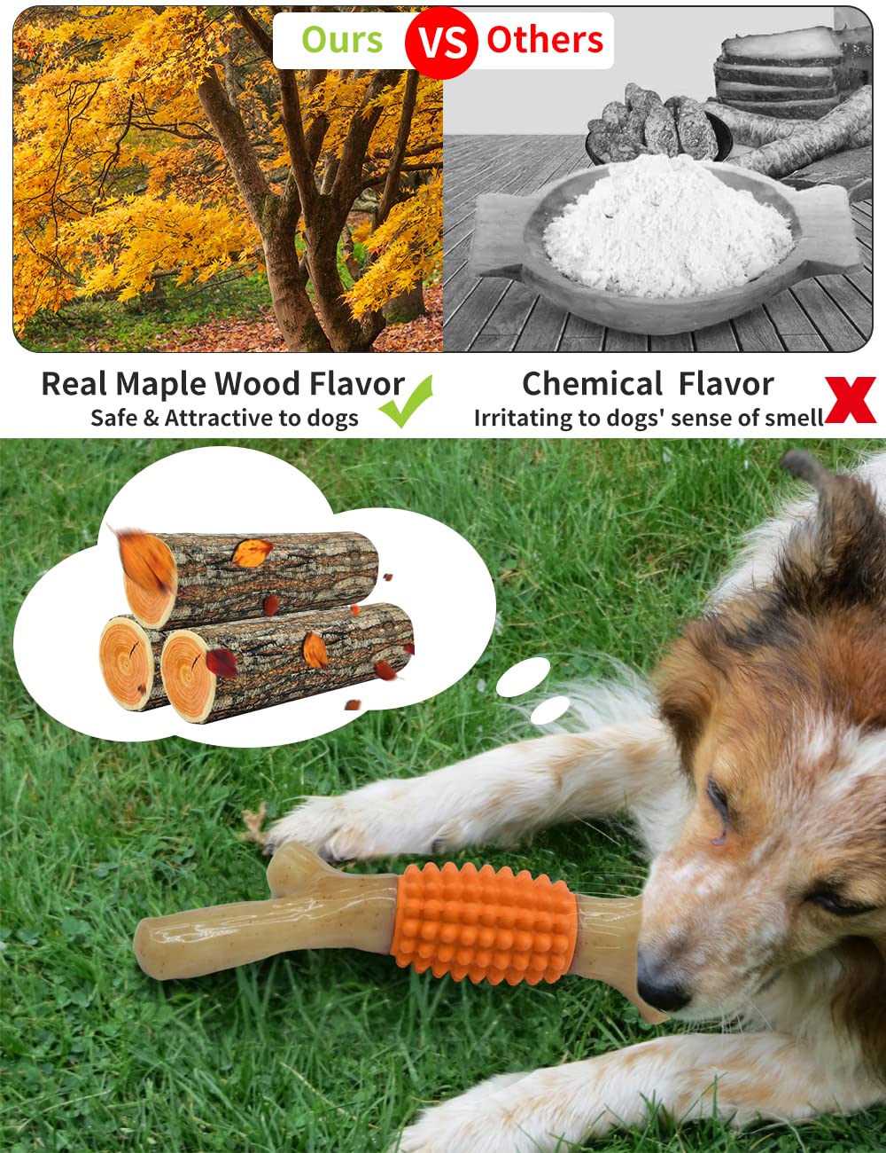 Juguete masticable para perros para masticadores agresivos, palo de dentición de goma de nailon resistente para perros grandes y medianos (madera de arce real)