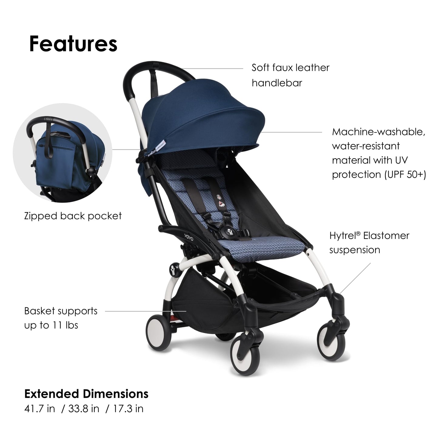 BABYZEN Cochecito 6+ YOYO2 (Chasis Blanco con Pack 6+) - Incluye arnés, respaldo, extensiones de capota, correa para llevar al hombro, el cojín del asiento y la capota a juego (Azul Air France)