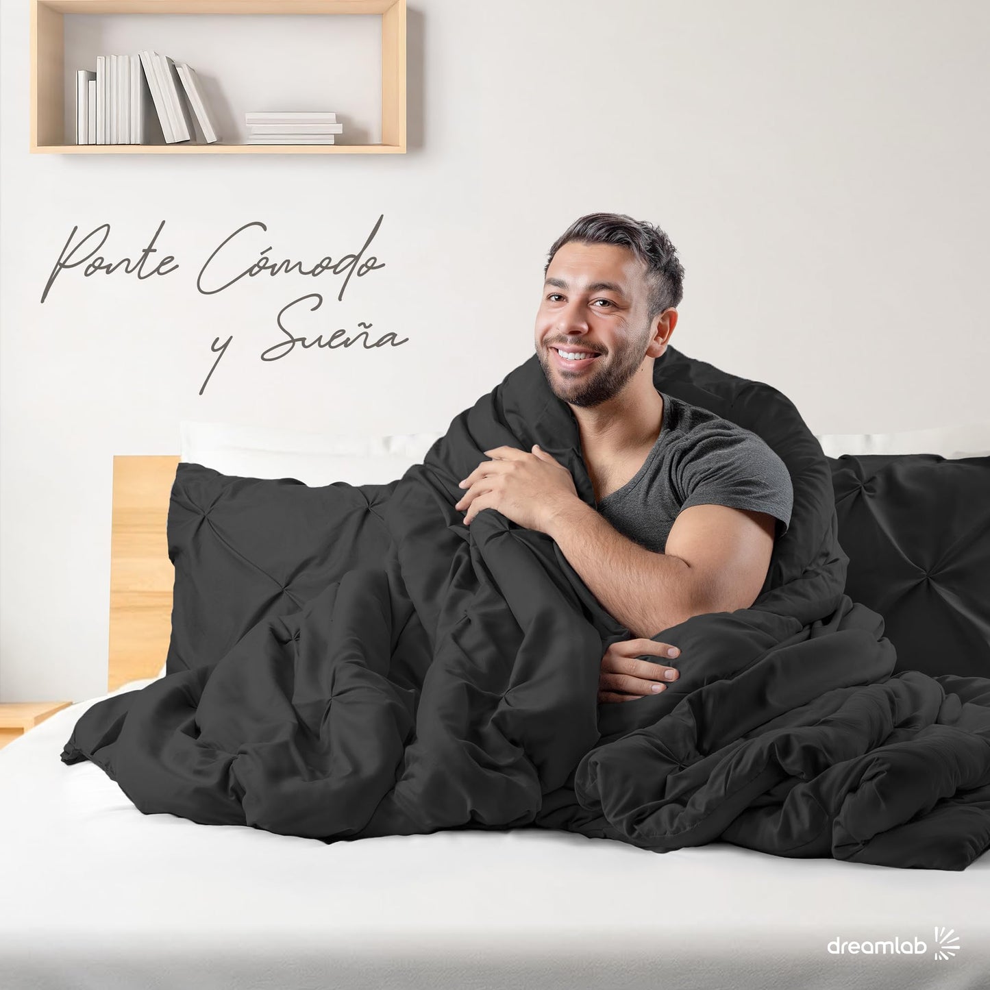 Juego Edredón Dreamlab Negro con Elegantes Pliegues y Funda de Almohada Hipoalergénico para Todo el Año 162x223cm Individual