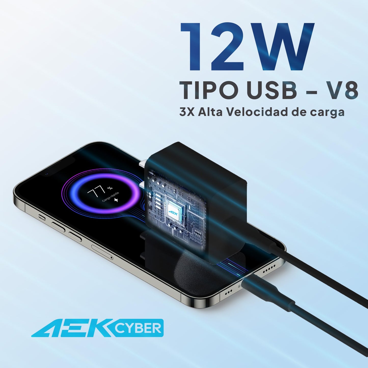 AEK CYBER G04V8 12W Cargador USB con 2 Puertos, Cargador Tipo V8 Plegable y Portátil para Viajar Compatible con Dispositivos moviles, Tablets, audifonos, bocinas, etc. Carga rapida (Negro)