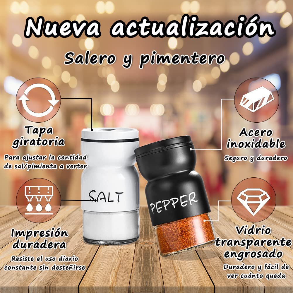 Juego de salero y pimentero de vidrio, botella de vidrio con tapa giratoria ajustable, con embudo y cepillo, accesorio de mesa para sal y pimienta (Cilíndrico)