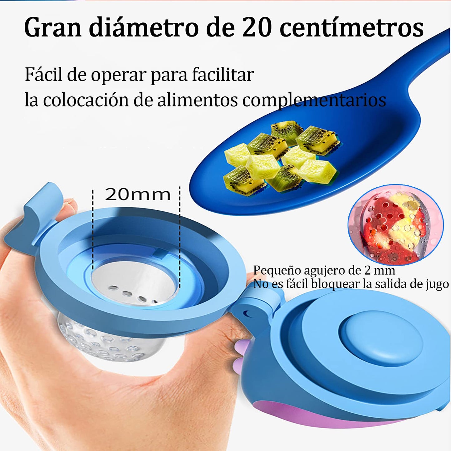 Baby Food Feeder Juego, Chupón para frutas Fruta Y Papilla con Seguro Y Tapa, Chupón Alimentador para Bebé. Chupones/Chupetes Ergonómicos para Frutas. Chupete de silicona 3 Piezas Tamaños S M L