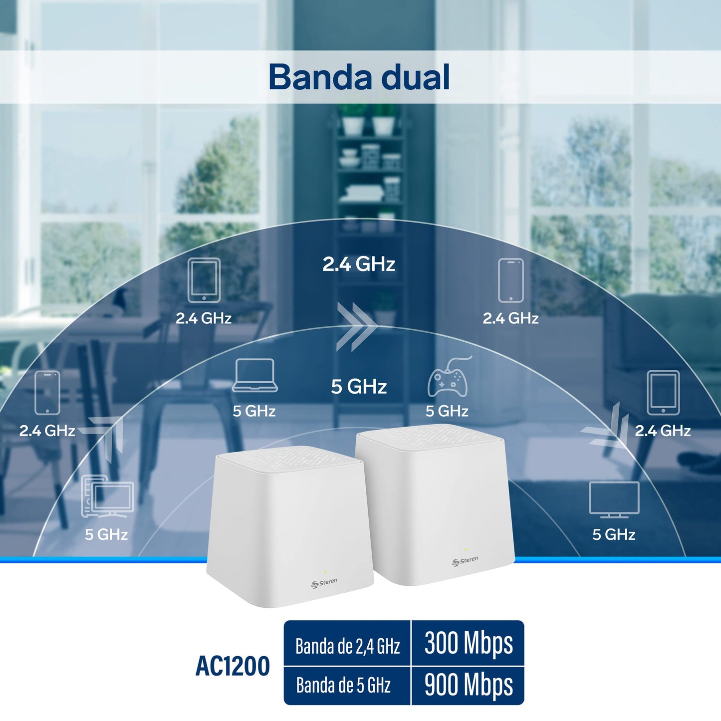 STEREN MESH-200 Sistema Smart Wi-Fi Mesh Doble, 2,4 GHz y 5 GHz (B/G/N/A/AC/V/R), AC 1200, 2 Puertos LAN Fast Ethernet por Cada módulo, Color Blanco, gestión Desde App