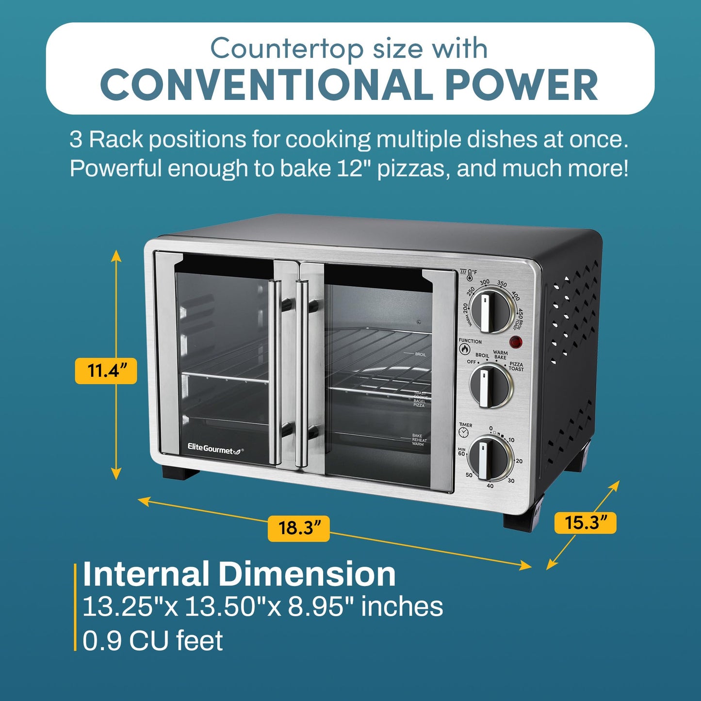 Elite Gourmet ETO2530M - Horno tostador de doble puerta francesa, hornear, asar, tostar, mantener el calor, se adapta a pizza de 12 pulgadas, capacidad de 25 l, acero inoxidable y negro