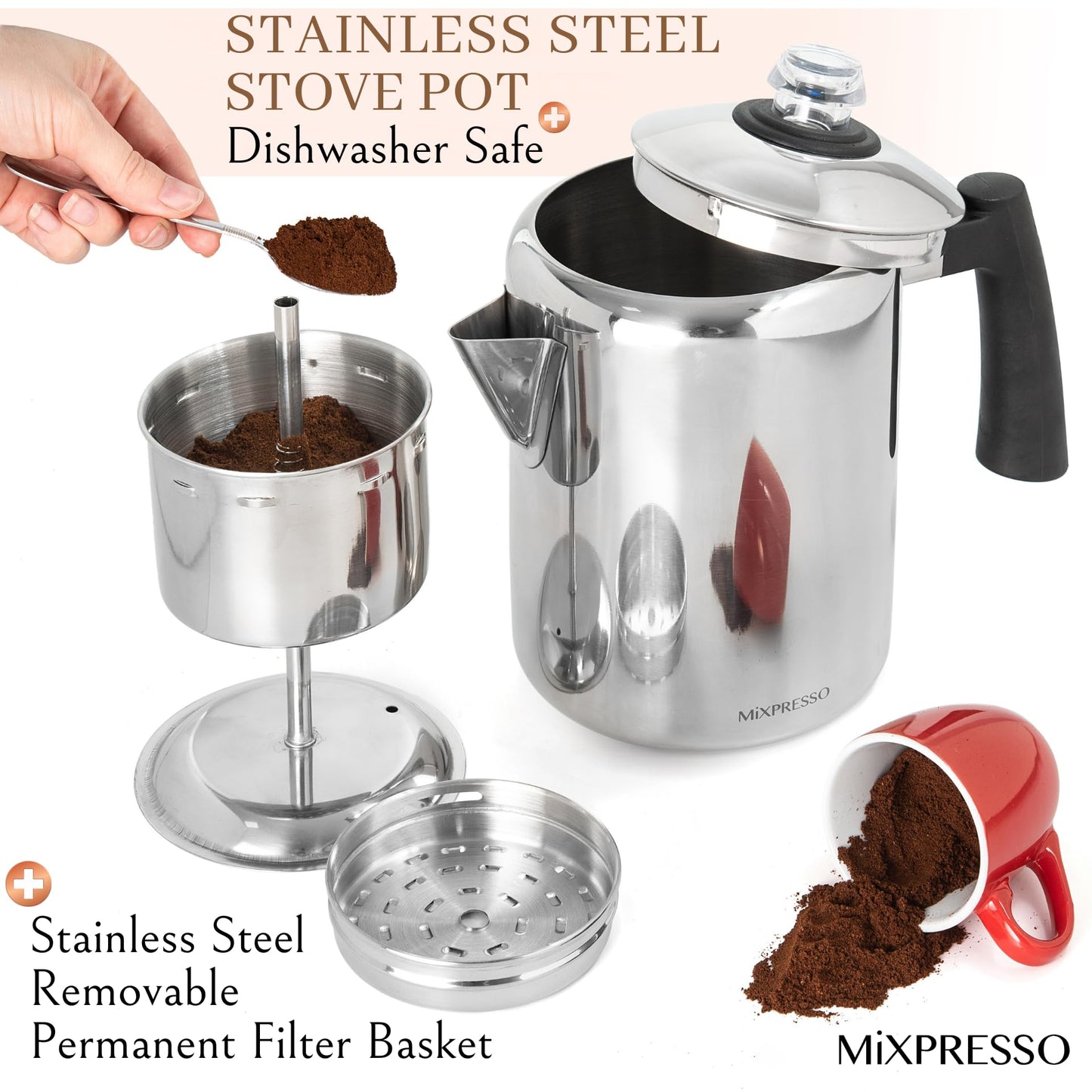 Mixpresso - Cafetera percoladora de acero inoxidable, excelente para camping, cafetera de 5 a 8 tazas