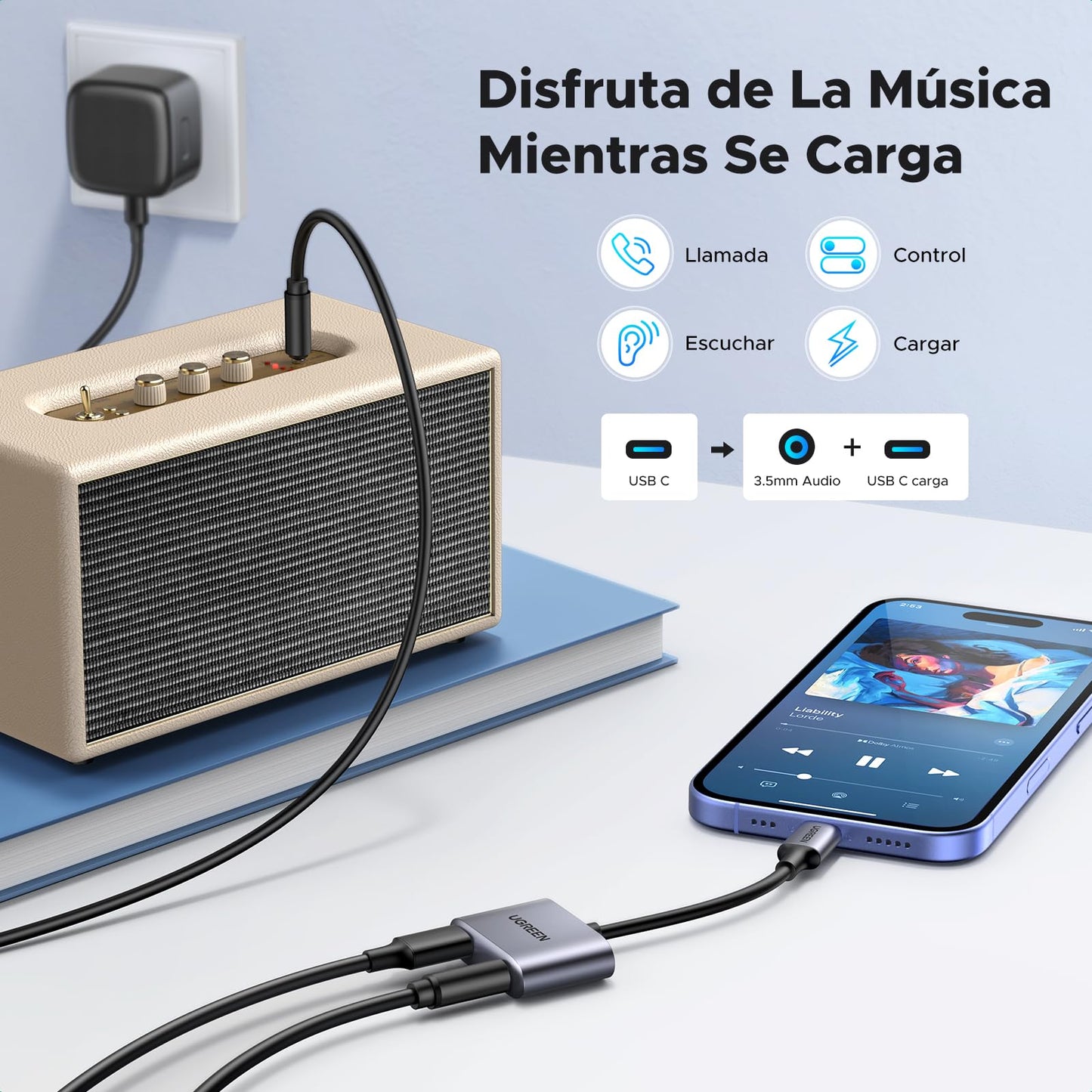 Adaptador USB C UGREEN Blanco 60W Carga Rápida y Jack 3.5 mm 2 en 1 Compatible con iPhone, Galaxy, Pixel, iPad