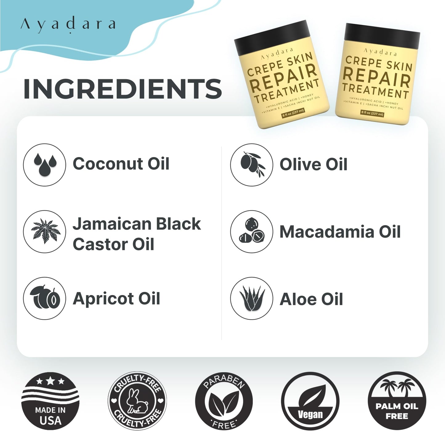 Ayadara Crepey Tratamiento reparador de la piel para brazos y piernas, crema reafirmante de ácido hialurónico para el cuello, crema antiarrugas para la cara, 8 onzas líquidas (237 ml)