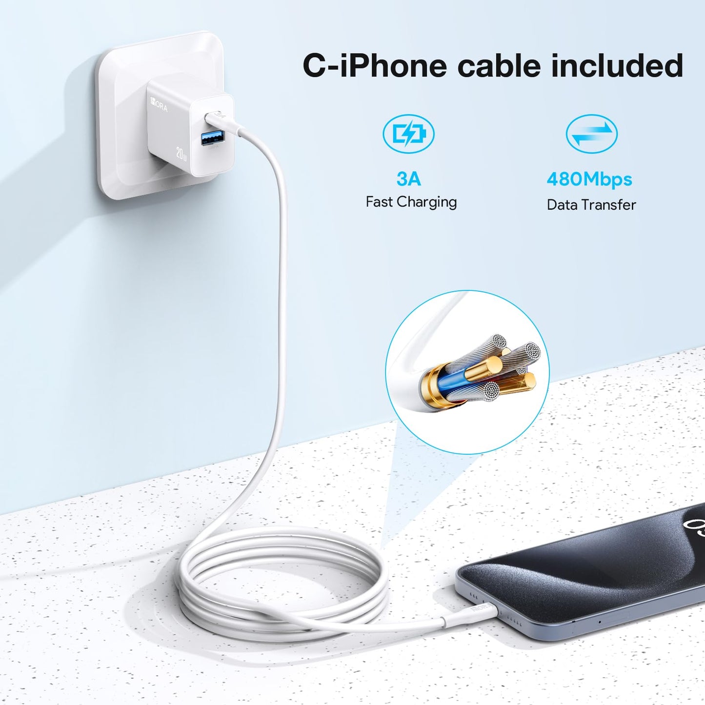 1 Hora Cargador para IP Carga Rápida 20W 2 en 1, Cargador Tipo C PD 20W + USB A QC 18W con Cable USB C a Lightning 1M 3A, Compatible con iP14/13/13 Pro MAX/12/11/X/XS