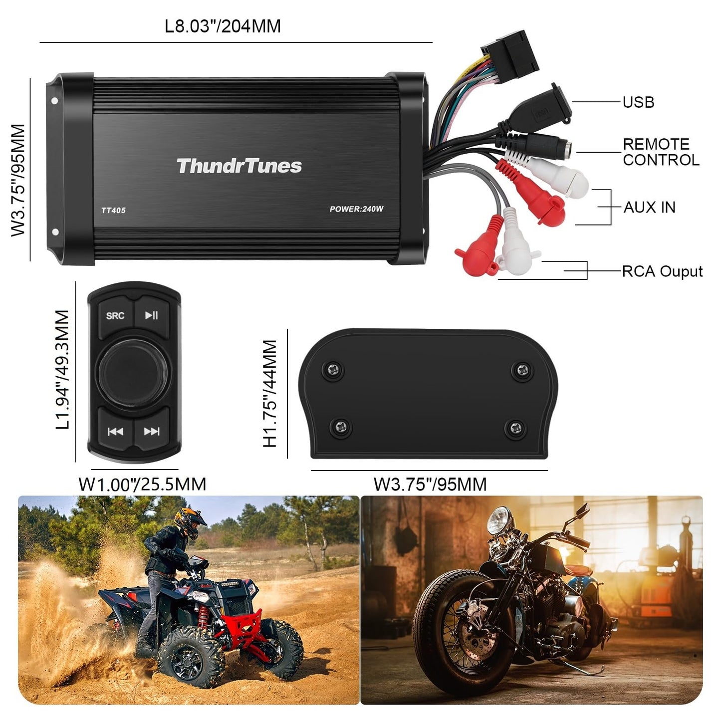 Amplificador Marino Clase D Powersport Bluetooth Compacto de 60 W x 4 Canales con Control Remoto y Fácil Instalación