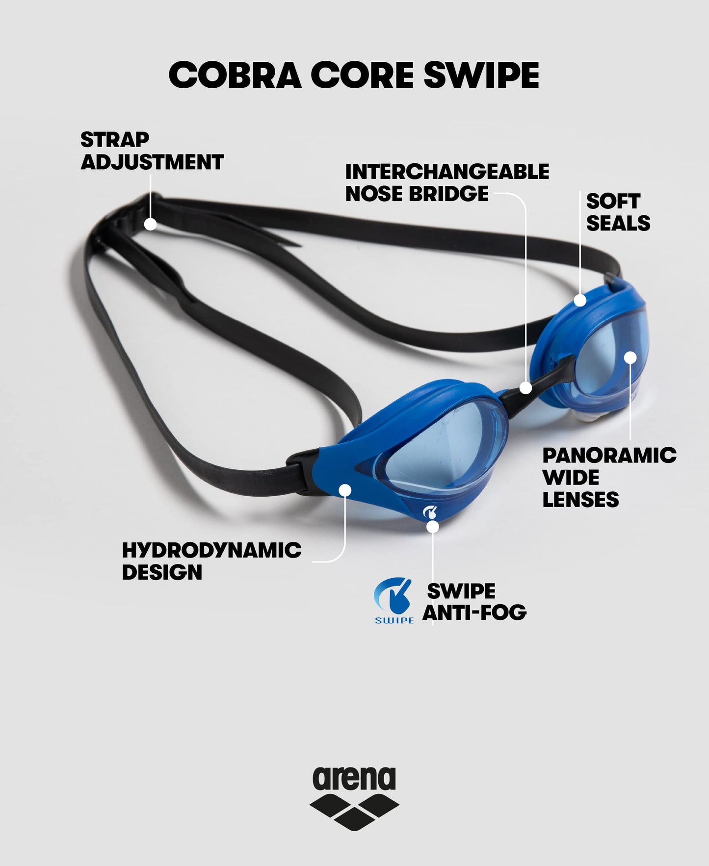 Arena Cobra Core - anteojos de natación para hombres y mujeres, azul/azul/negro, antivaho sin espejo (nuevas)