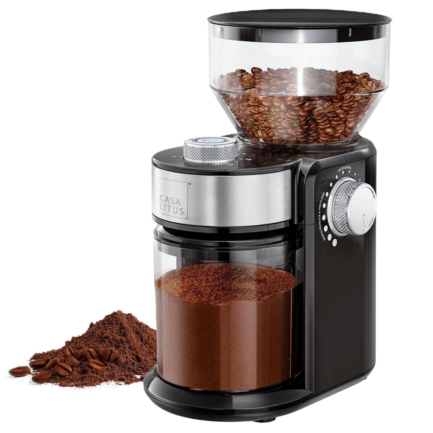 CASA LITUS Molino de Café Eléctrico Profesional 200gr, Moledor de Café en Grano 18 Niveles de Molienda: Espresso, Prensa Francesa, Cafetera, Cafetera Italiana (Moka), Cuchillas de Acero Inoxidable