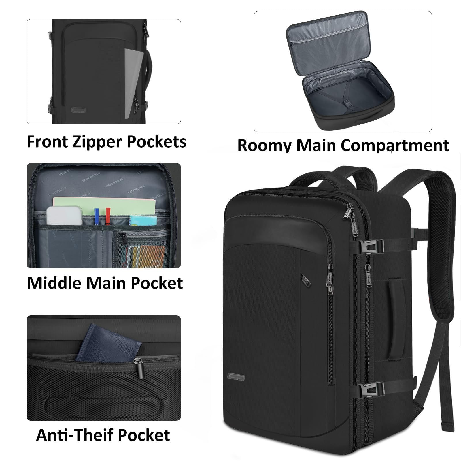 Mochila de Viaje Vancropak Negro Expandible 50L Impermeable para Mujer y Hombre