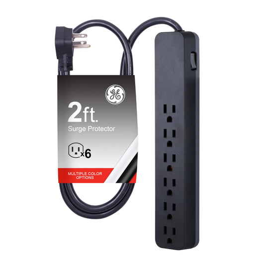 GE Pro 6 Outlet Surge Protector, 2 ft Long Extension Cord, Power Strip, Flat Plug, Wall Mount, Black, 45170