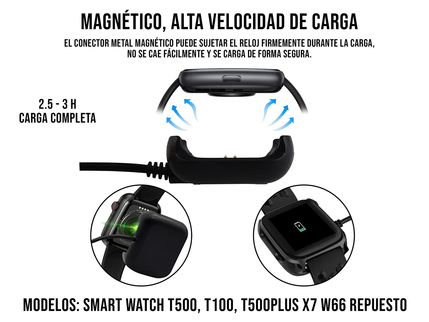 CONTROL EXPERT Cargador para Smartwatch T500, T100, T500PLUS X7 W66 Repuesto