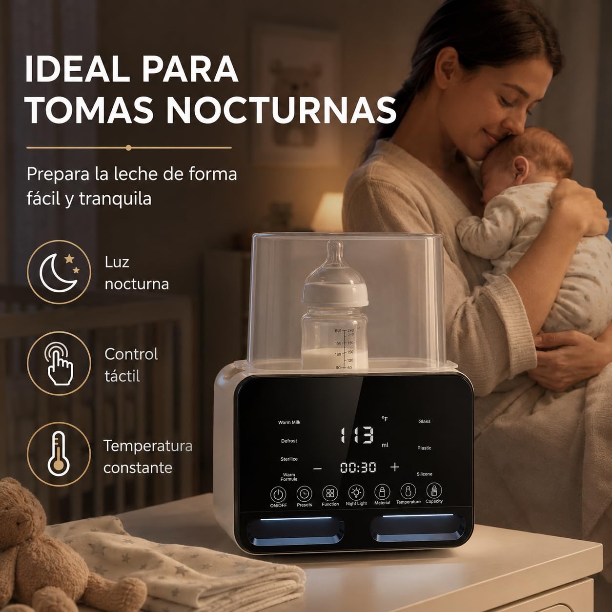 Esterilizador y Calentador de Biberones 6 en 1, Secador de Vapor para Bebé, Capacidad 2 Mamaderas, Pantalla LED Táctil, Control Preciso de Temperatura, Descongelación, Secado, Mantener Calor
