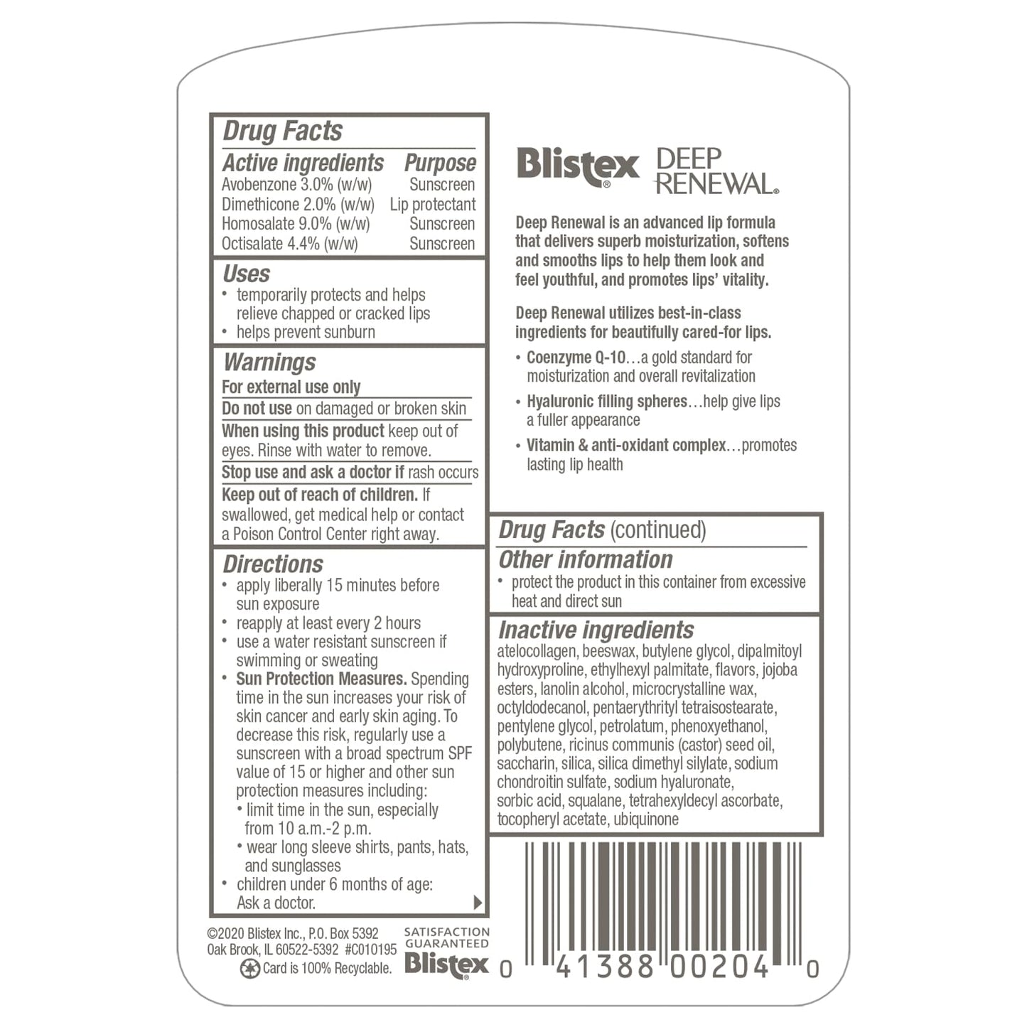 Blistex Lip Protectant Protector solar de renovación profunda, fórmula antienvejecimiento, 3,7 g (3.69 g) (paquete de 4)