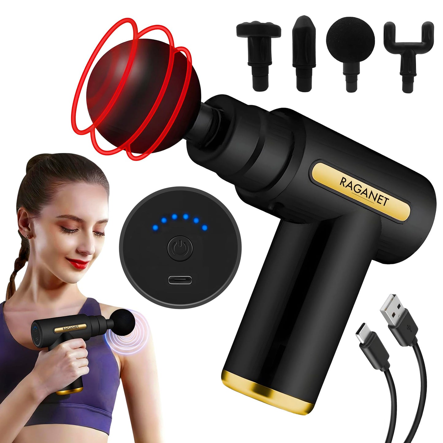 Raganet, Pistola Masajeadora con 4 Cabezas, Maquina Masajeadora de 6 Velocidades, Masaje Profesional Para Musculos, Ligamentos y Tejidos, Pistola Portatil, Carga USB (Color Negro)