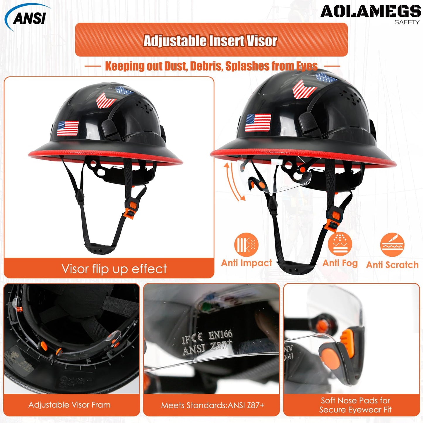 Cascos duros de borde completo con visera de construcción aprobados por OSHA - Cascos duros ventilados para hombres, Casco duro negro con correa para la barbilla, seguridad negro con visera tintada