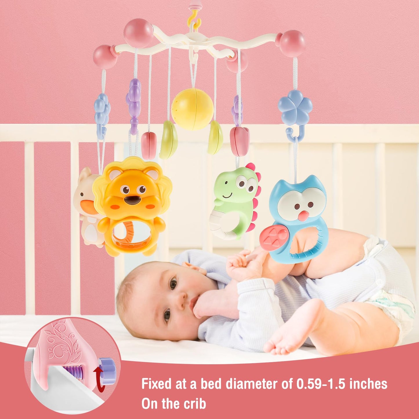 Móvil para cuna musical, juguetes colgantes para cuna con música y luces nocturnas, móvil para cuna de bebe rotación de 360° para bebé, regalo para recién nacidos (rosa)