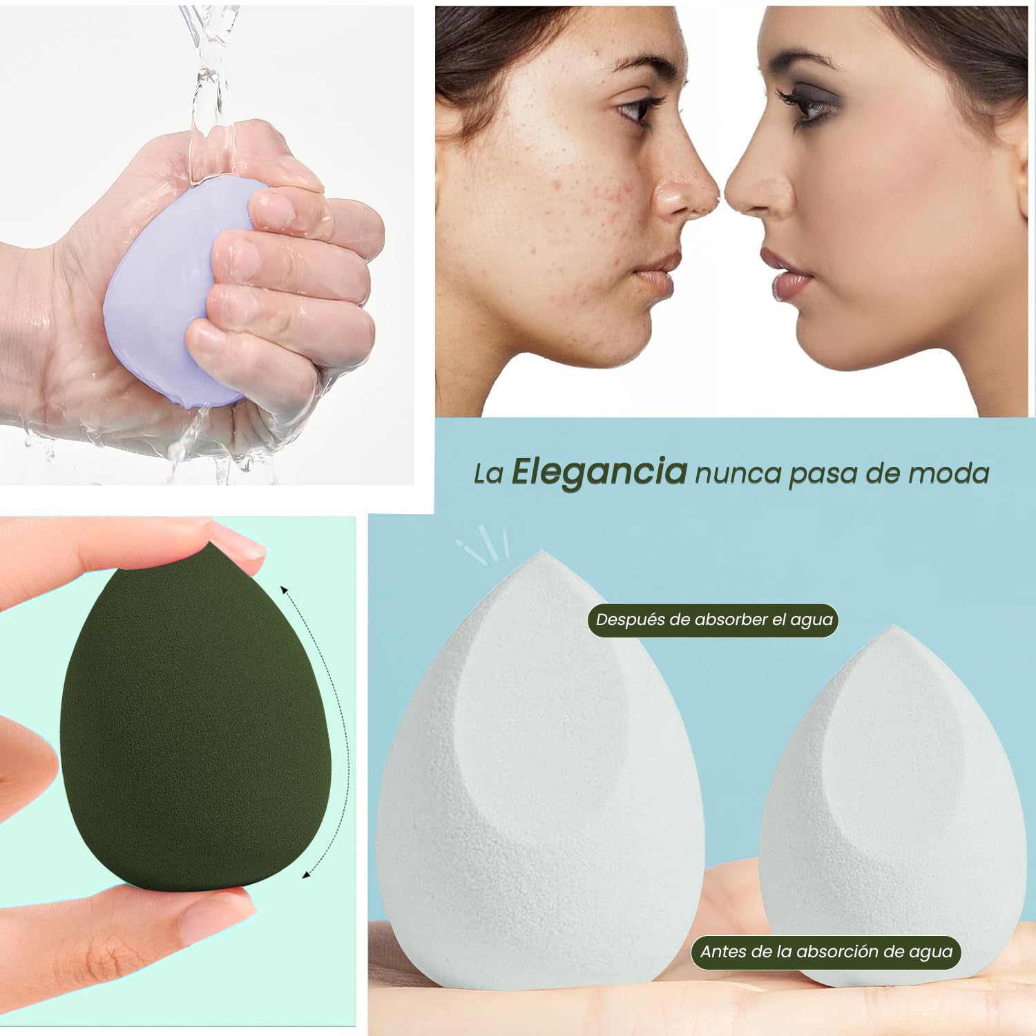 Set de 8 esponjas de maquillaje en 3 formas | Beauty Blender para aplicación en piel seca y húmeda | Esponjas faciales de maquillaje en color verde | Kit profesional para maquillaje completo