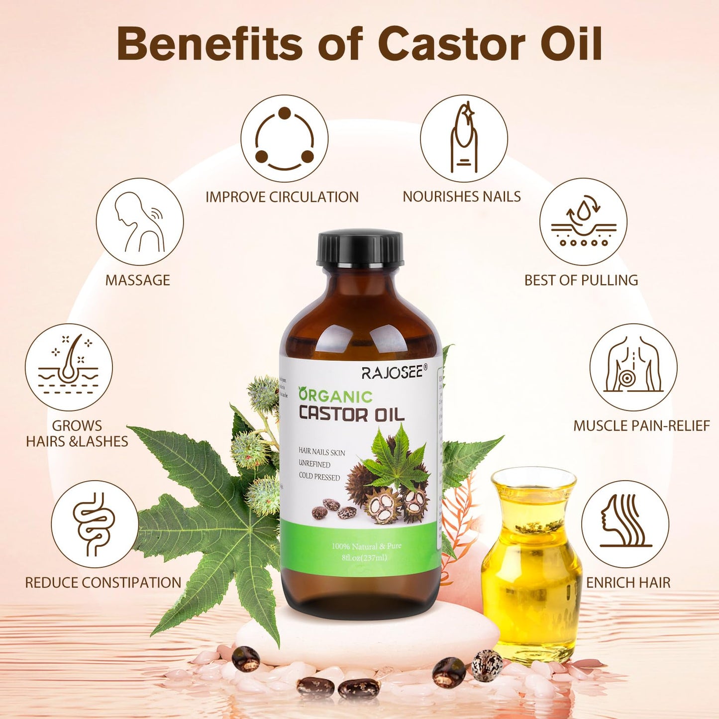 RAJOSEE Paquete De Aceite De Ricino De 32 Piezas Con Aceite De Ricino, Botella De Vidrio Prensado En Frío Orgánico De 8 Oz, Envoltura De Aceite De Ricino De Algodón Para Cintura, Espalda, Cu