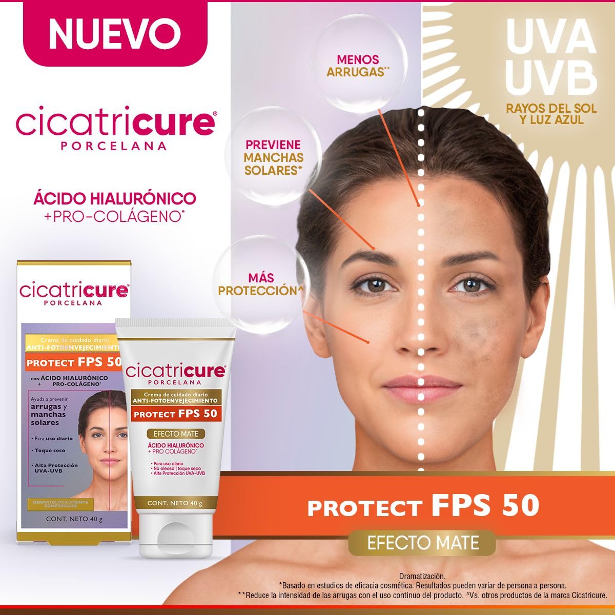 CICATRICURE - Porcelana Protect FPS 50. Crema de cuidado diario Anti-envejecimiento de alta protección UVA-UVB, efecto mate con acido hialurónico + pro colágeno, presentación con 40g