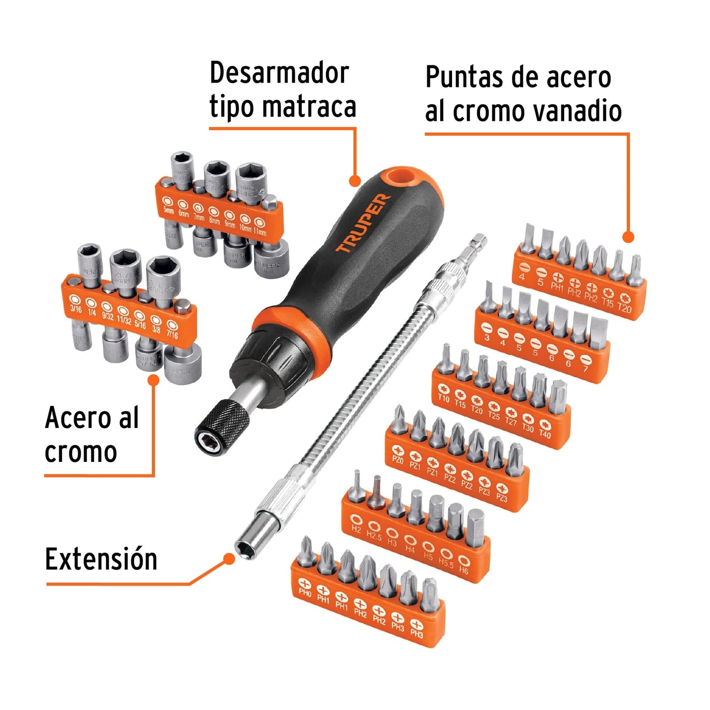 Desarmador Tipo Matraca Truper Naranja con 42 Puntas y 14 Dados