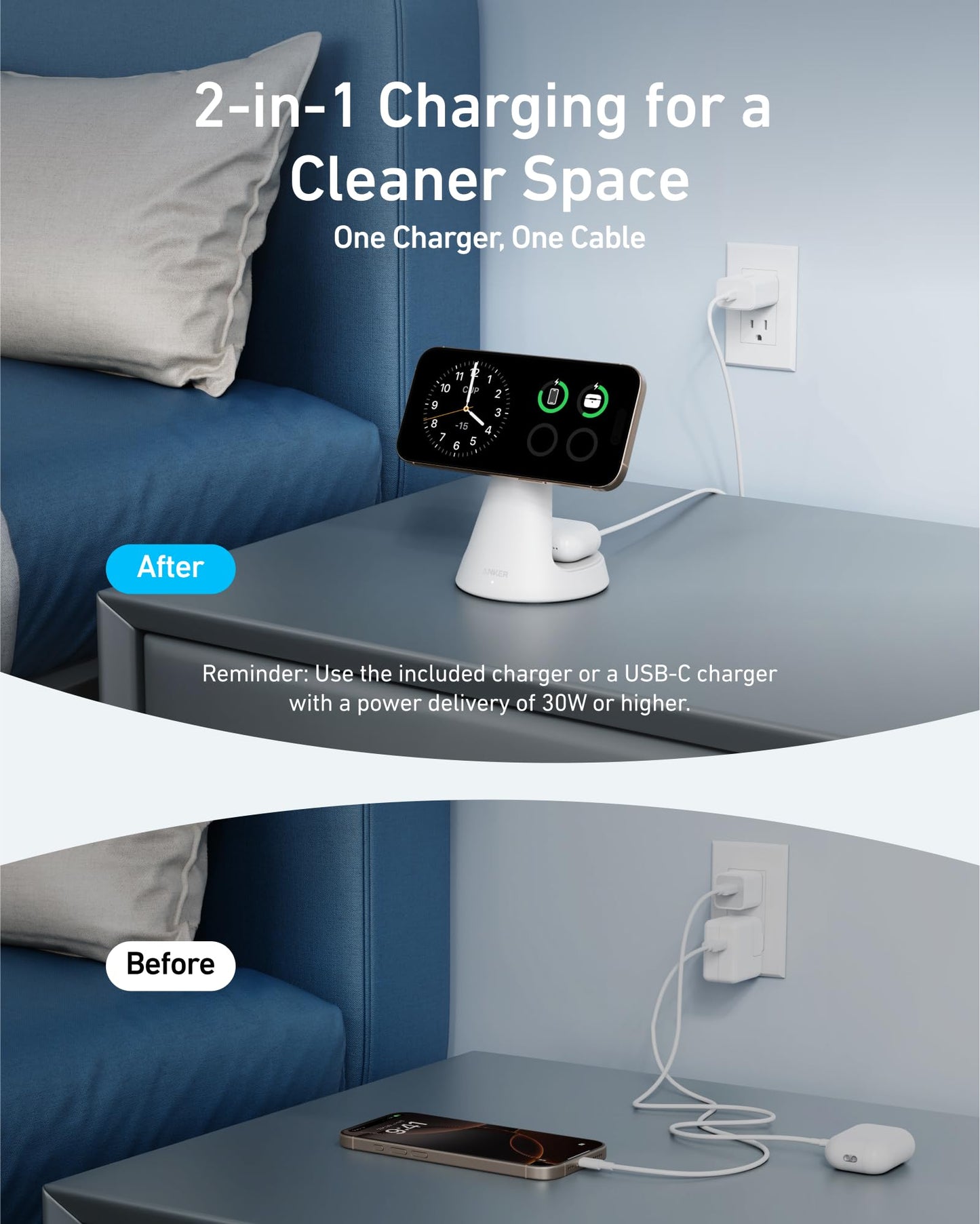 Anker Estación de Carga Inalámbrica 15W, Soporte 2 en 1, Carga Rápida Qi2, Sistema de Carga Dual, Conexión Magnética Segura, Ángulos Ajustables, Diseño Elegante para iPhone 15 Pro y Auriculares TWS