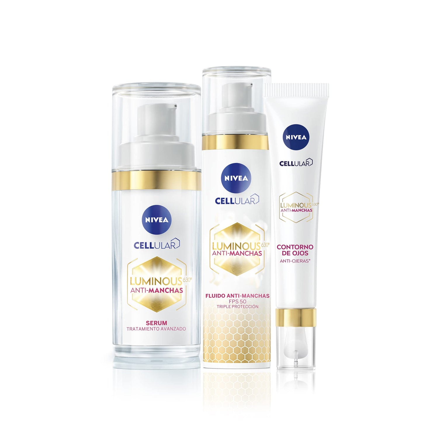 Kit Anti-manchas Rutina Facial de Día Nivea Luminous 630 Serum facial, 30 ml + Contorno de Ojos con Cafeína, 15 ml + Fluido facial con Vitamina E 40 ml Enriquecido con Ácido Hialurónico