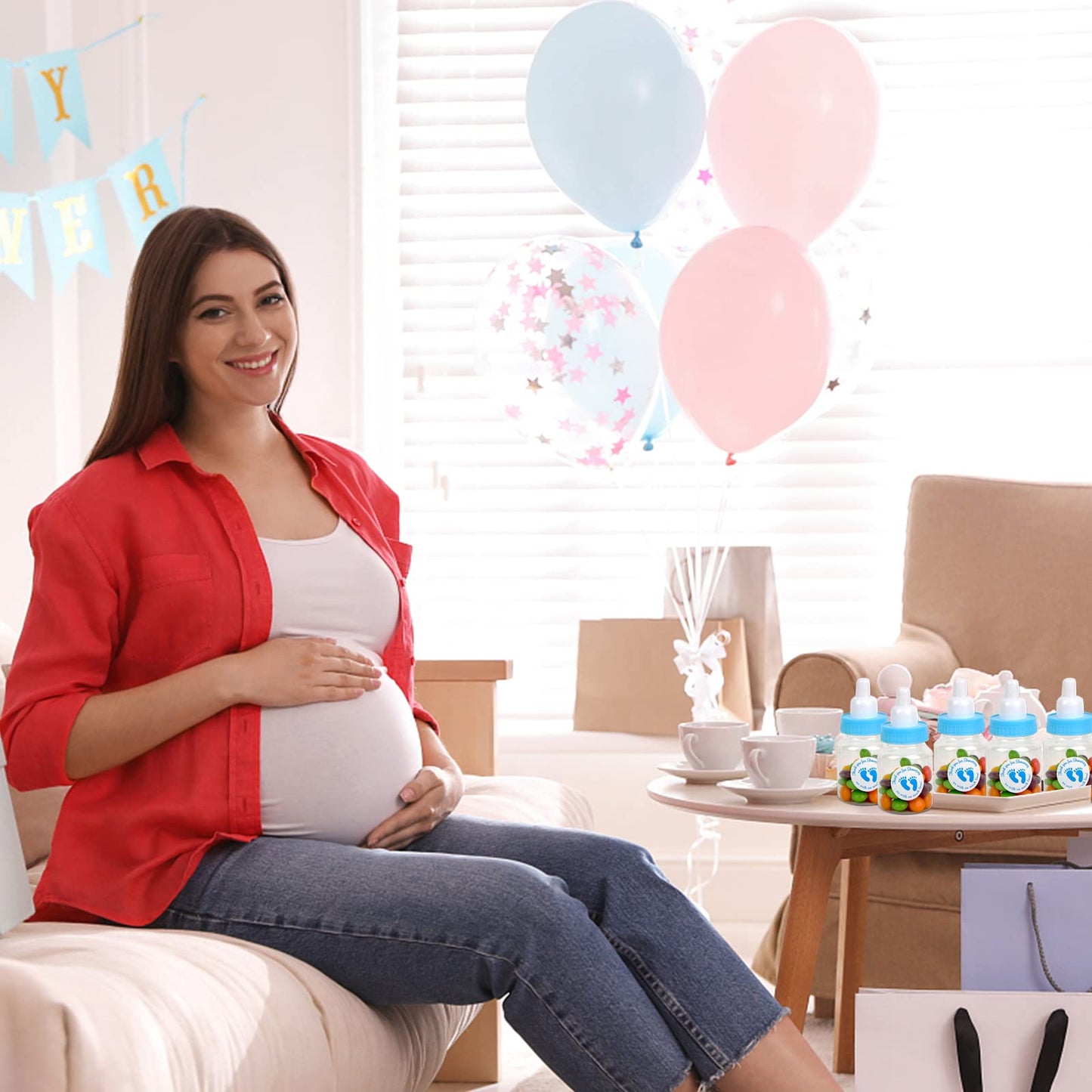 72 piezas de mini botellas de leche para baby shower, color blanco, mini biberones de plástico baratos para baby shower, recuerdos de fiesta, decoración de juegos de fiesta de baby boy shower (azul)