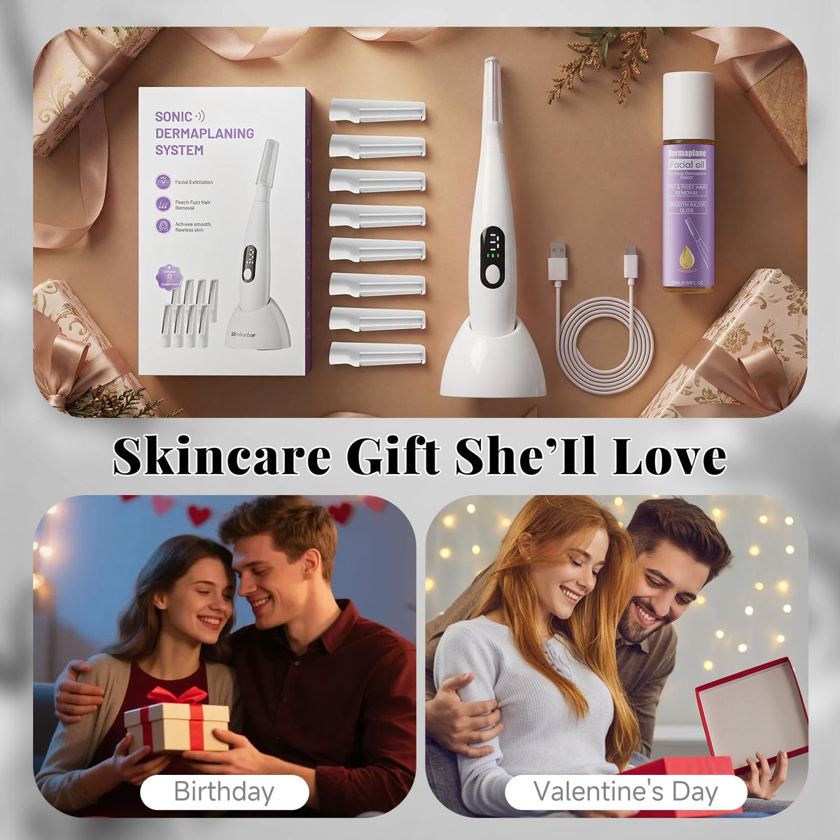 Sonic Dermaplane - Maquinilla de afeitar para mujer, herramienta de dermatiamiento recargable con 8 cuchillas de dermatiamiento y aceite facial, 3 velocidades para eliminar pelusa de melocotón y