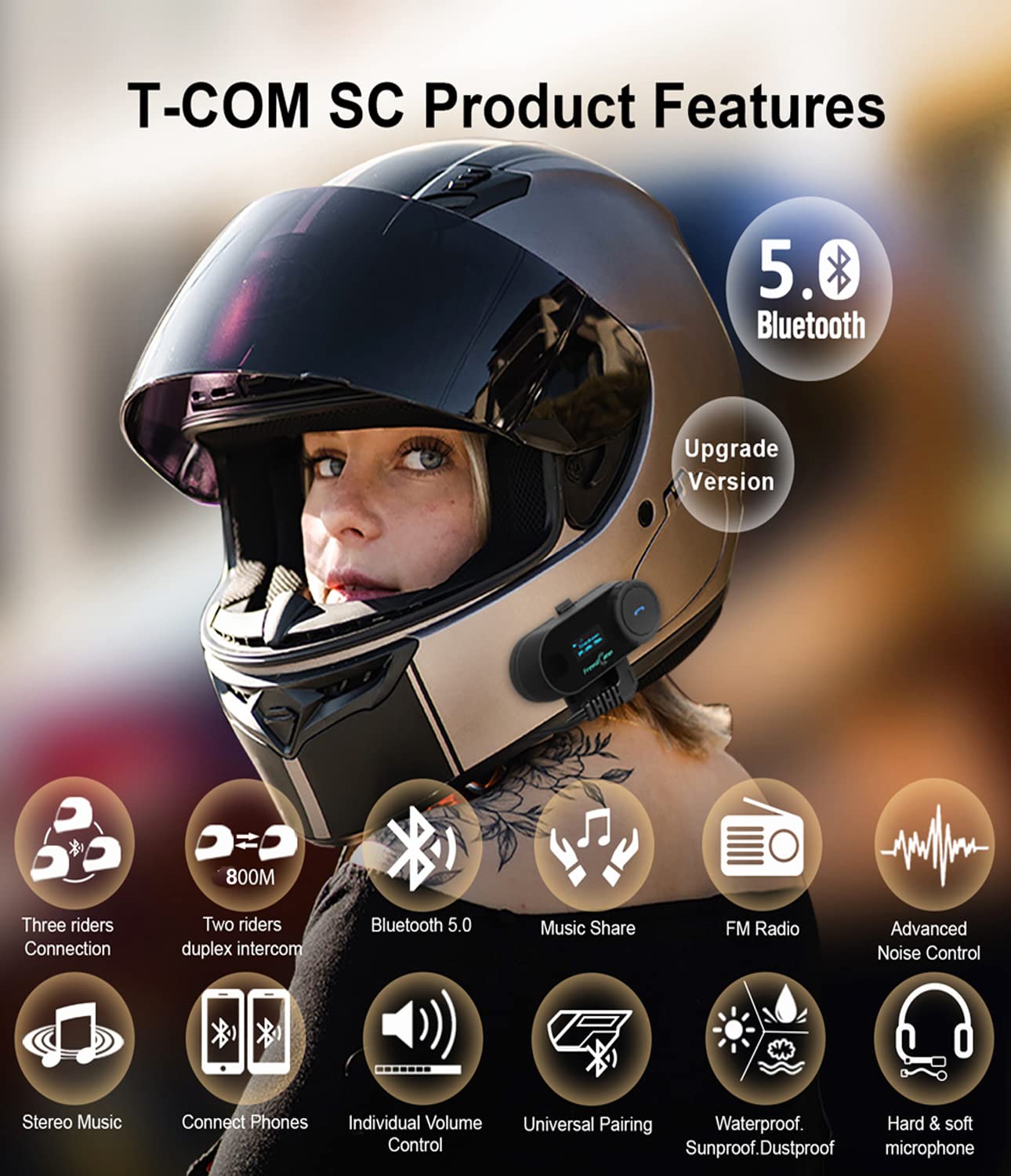 FreedConn - Auriculares Bluetooth para motocicleta, 800 m, interfono de 2 vías, Bluetooth para motocicleta, TCOM-SC, intercomunicador impermeable, sistemas de intercomunicación de casco, con