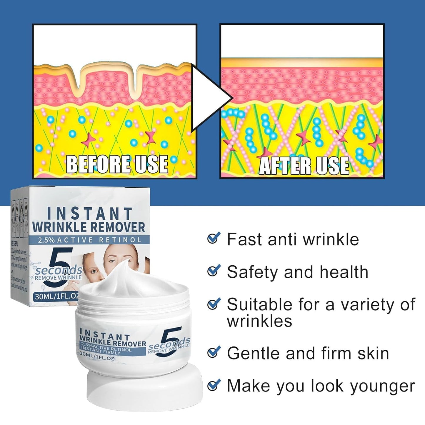 Crema Antiarrugas Con Retinol en 5 Segundos,Crema Facial Antiarrugas,Removedor Instantáneo de Arrugas,Crema Facial Hidratante Lifting,Crema Facial Reafirmante o Para Mujeres