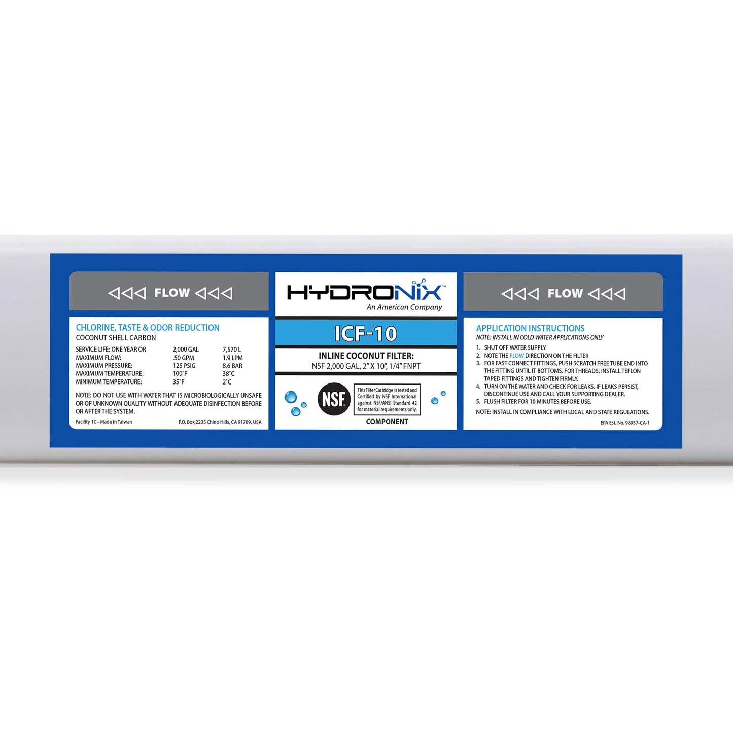 Hydronix ICF-10 Inline Coconut Filter 2000 Gal, 2" OD X 1 0" Length, 1/4" FNPT