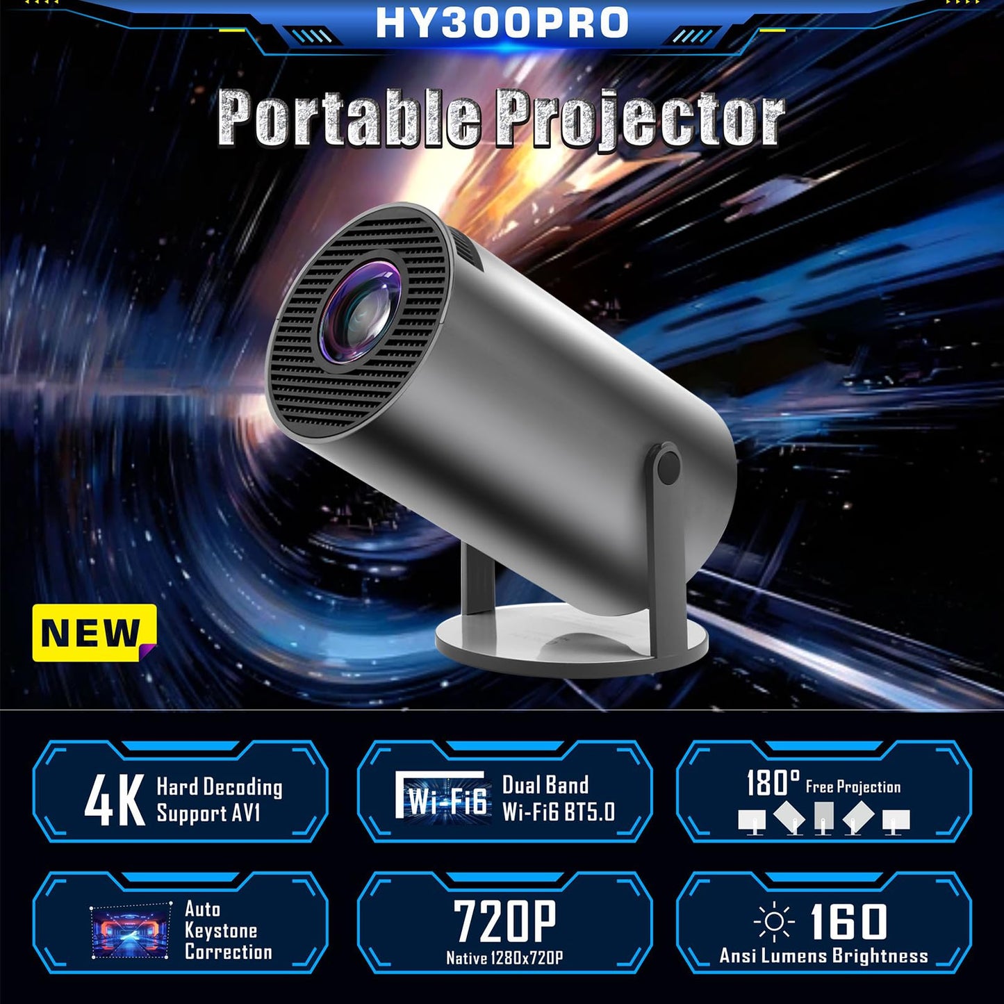Proyector Inteligente 4K con WiFi 6 y Bluetooth 5 Android 11 Portátil Visualización 130 Pulgadas